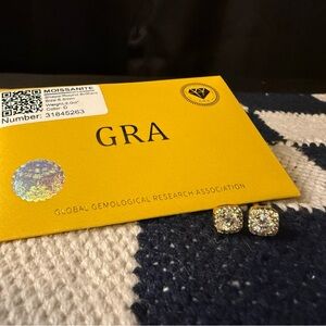 Moissanite Cushion Halo Stud Earrings in Yellow Gold